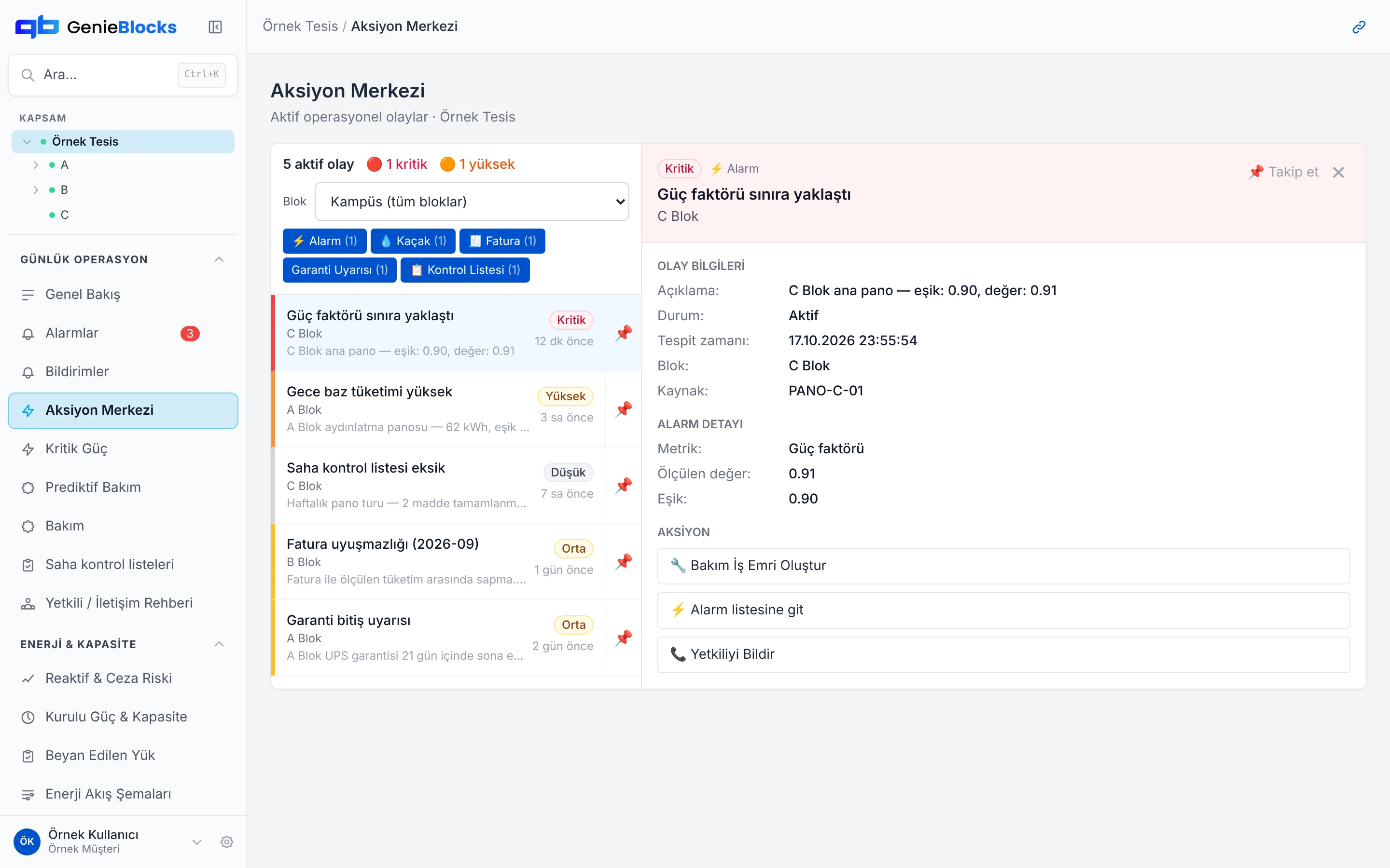 Action Center screen, Sample Site data: five active events (alarm, night base load, checklist, invoice mismatch, warranty); the selected critical alarm shows Block C power factor 0.91 against a 0.90 threshold, with "Create maintenance work order" and "Notify the responsible contact" actions.