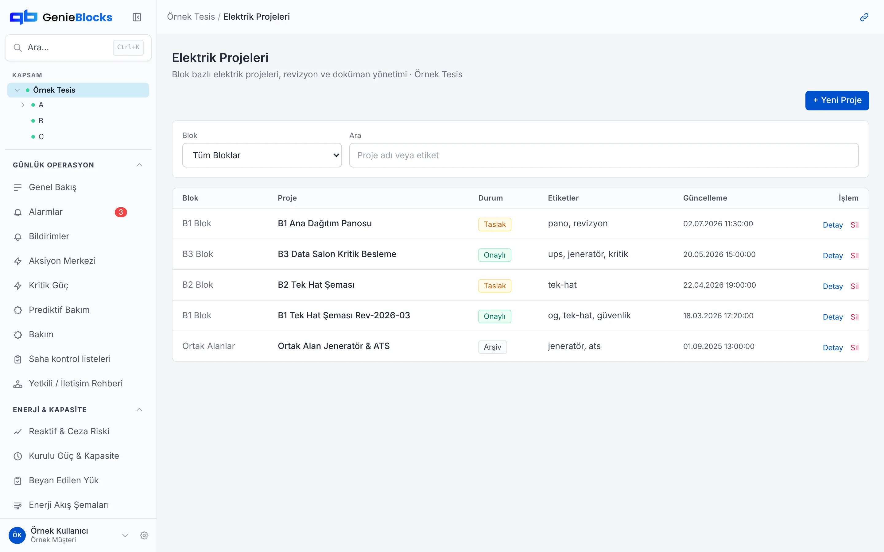 Detail of the Electrical Projects screen, Sample Site data: project list by block, draft, approved and archived statuses, tags and update dates.