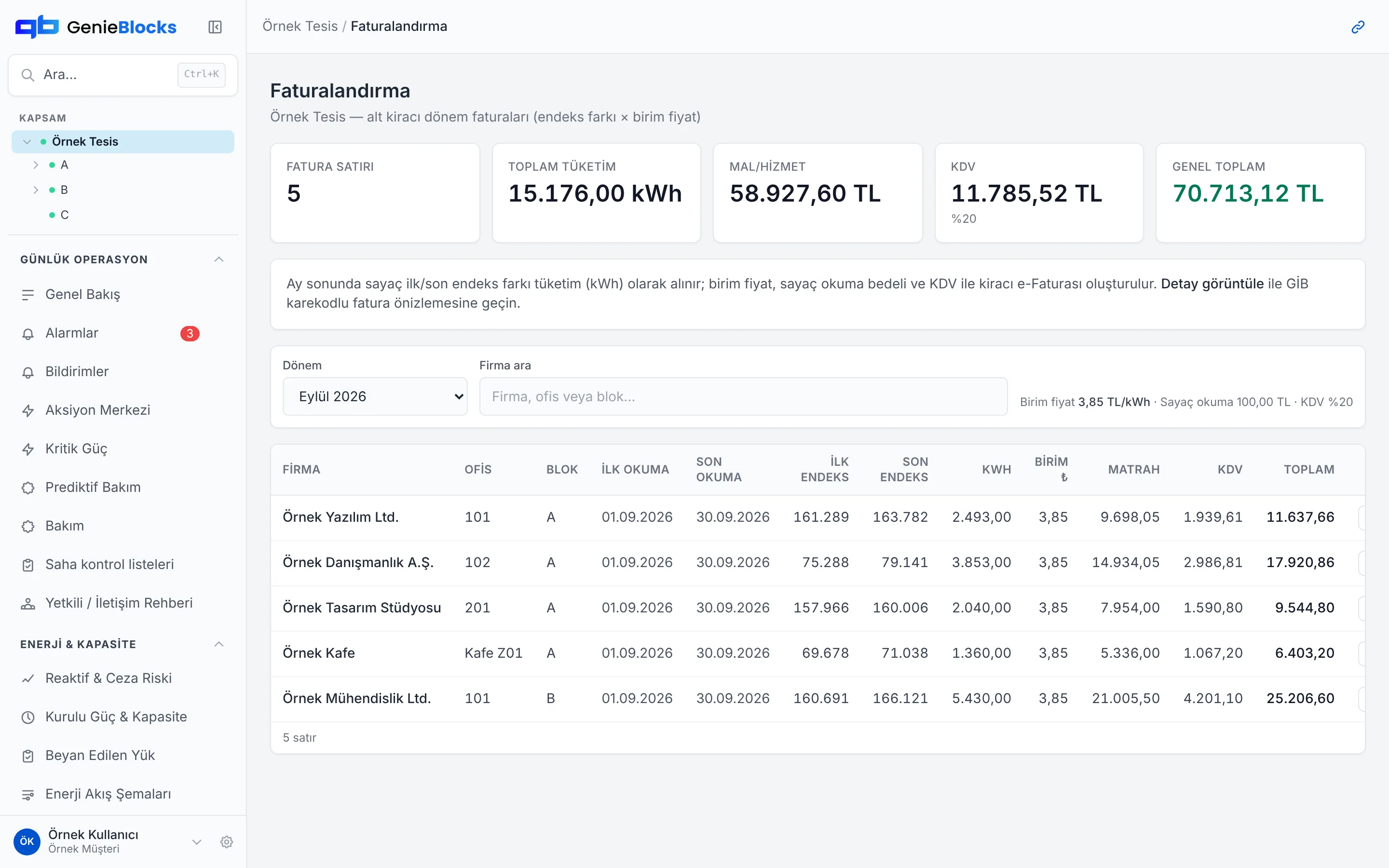 Tenant Billing screen, Sample Site data: period invoices for five fictional tenants with first and last reading dates, first and last meter index, kWh, unit price, net amount, VAT and total; total consumption and grand total indicators.